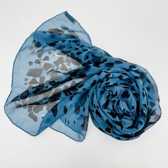 Burberry Scarf Silk Authentic Lightweight Sheer Blue Black Leopard Cheetah - Picture 8 of 10